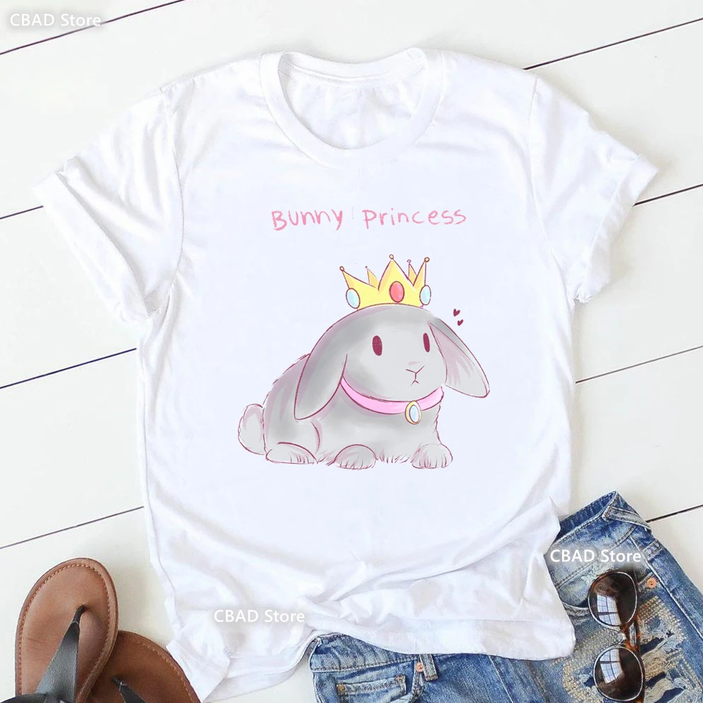 T-shirt manches courtes femme blanc, estival et décontracté, avec impression graphique de princesse lapin, Harajuku, vente en gros