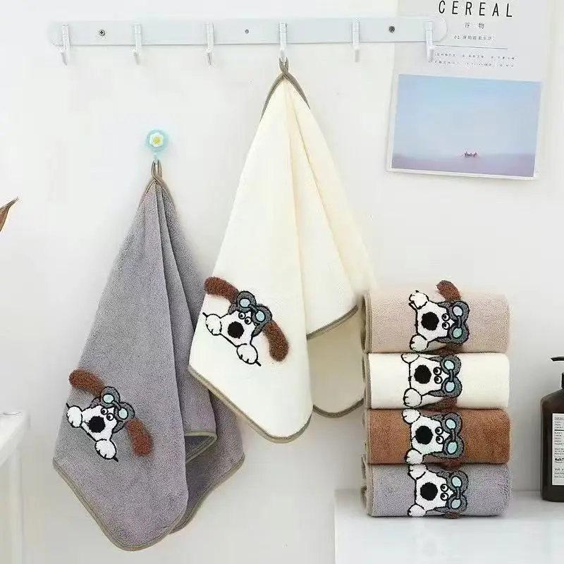 Plush Coral Fleece Towel Ultra-Soft Highly Absorbent Face Bath Towel for Home Use Featuring Cute Pilot Puppy Cartoon Design