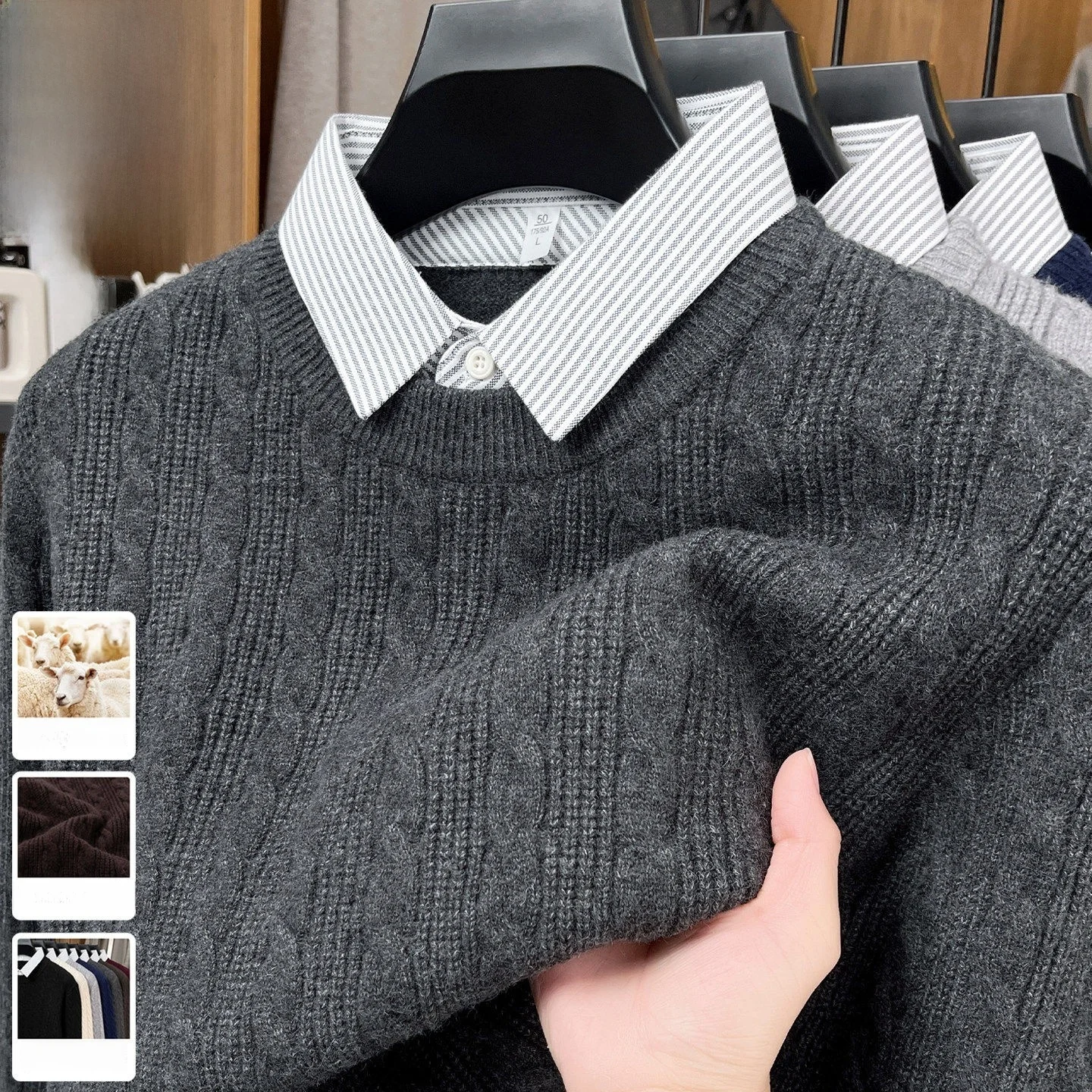 

Men's Knitted Thiened irt Collar Sweater Autumn Winter Casual Sle Warm Base Layer Top Soft Wool Blend Long Sve