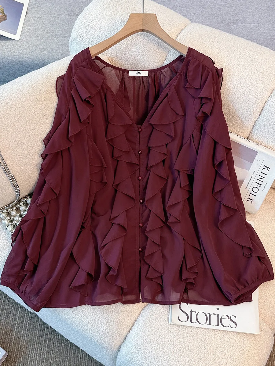 150 كجم حجم كبير المرأة التمثال 159 ربيع الخريف بأكمام طويلة الخامس الرقبة الدانتيل قميص كشكش حافة أعلى 5XL 6XL 7XL 8XL 9XL