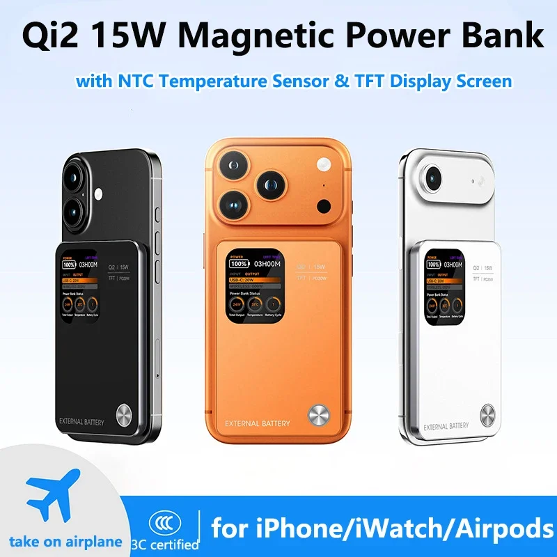 Qi2 Magnetic Power Bank with NTC Temperature Sensor TFT Screen Wireless Fast Charger Powerbank For Magsafe for iPhone 17 iWatch