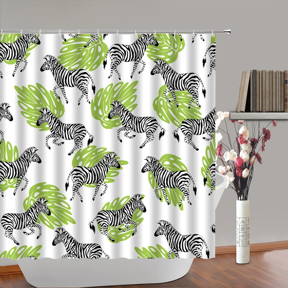 Watercolor Zebra Shower Curtain Bathroom Decor Tropical Leaves Jungle Flower Plant Wild Animal Bath Bathtubs Curtains Waterproof