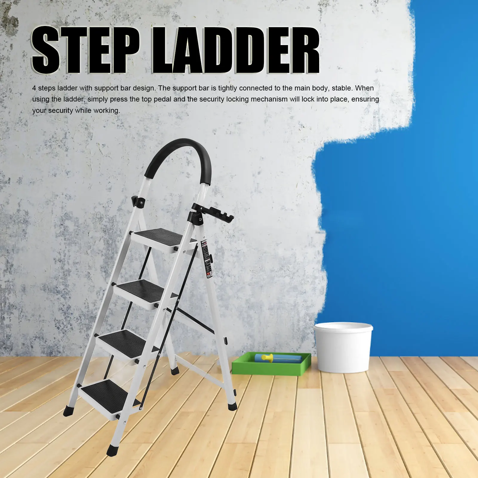 Escada de 4 degraus com corrimãos, aço carbono, resistente, confortável, leve, antiderrapante, dobrável, escada de aço portátil para casa