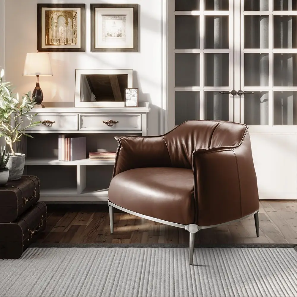 Leather Accent Chair, Mid  Modern Armchair, Comfy Fireside Chair, Side Chair For Living Room, Bedroom, Waiting Room, Brown