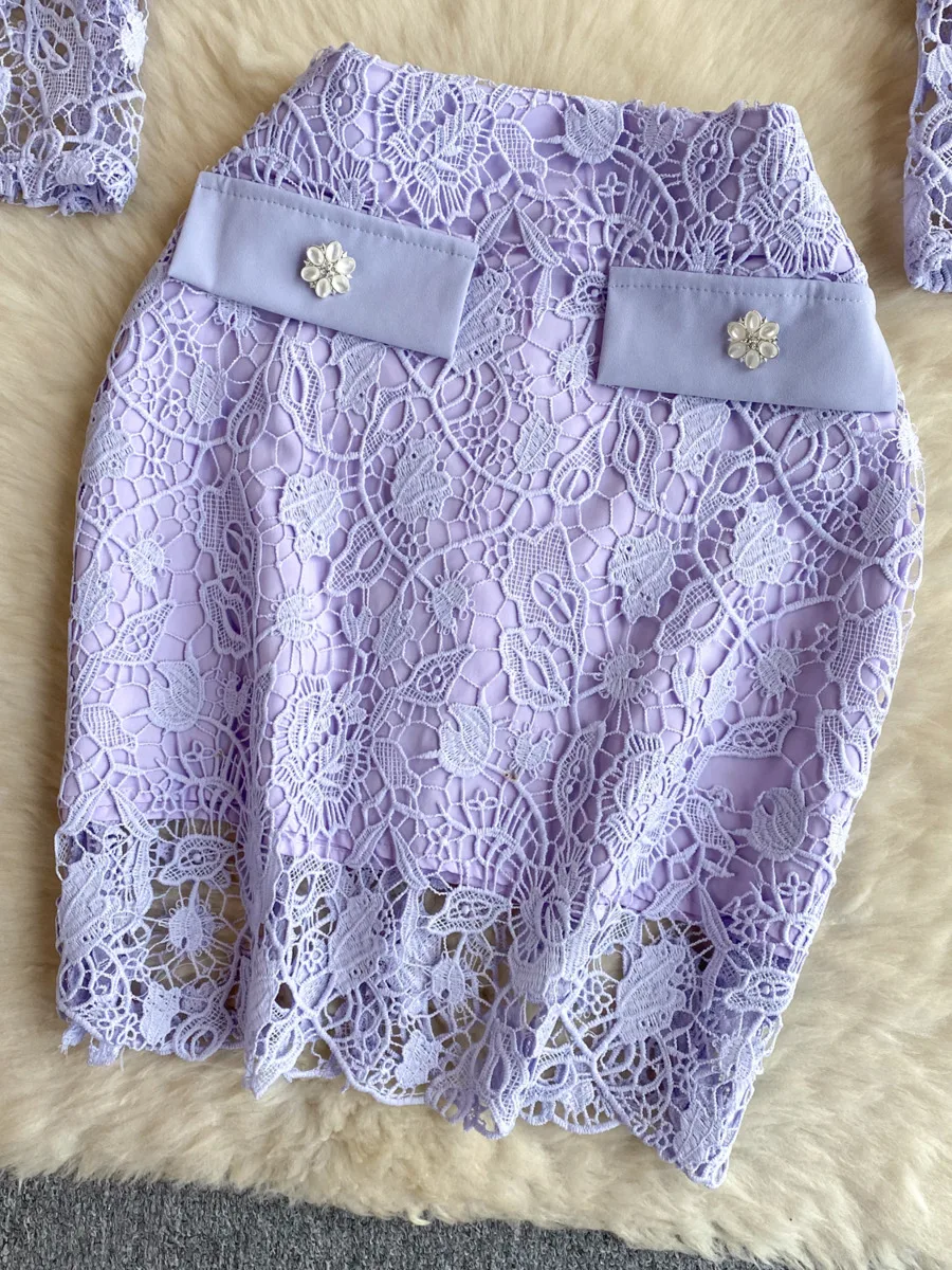 Summer Fashion Purple Flower Water Soluble Lace Two Piece Set Women\'s Bow Short Shirt Top + Floral Embroidery Mini Skirts Suits