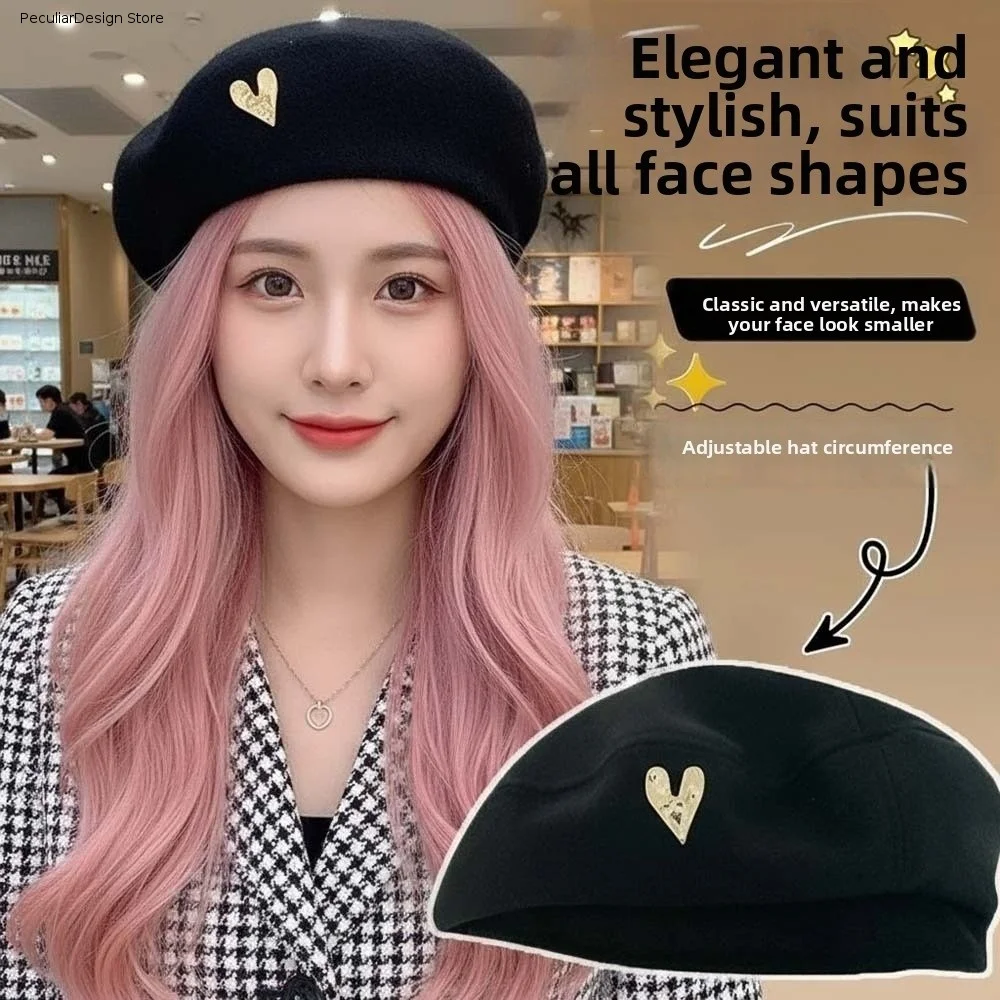 Soft Vintage Beret Hat Classic Color Heart Decor Cartoon Bear Cap Exquisite Lightweight Retro Painter Bonnet Students