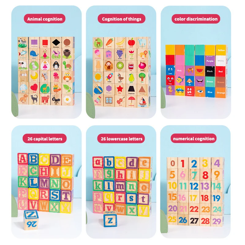 Large Wooden Alphabet Number Building Blocks Kids ABC Counting Recognition Montessori Early Cognitive Educational Toy