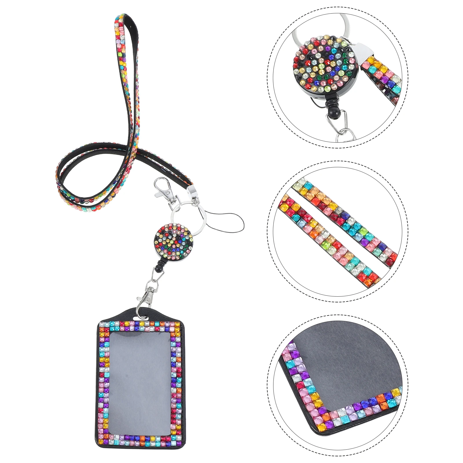 Crystal Rhinestone Lanyard Id Card Hanging Rope Badge Holder with Shiny Design Protector