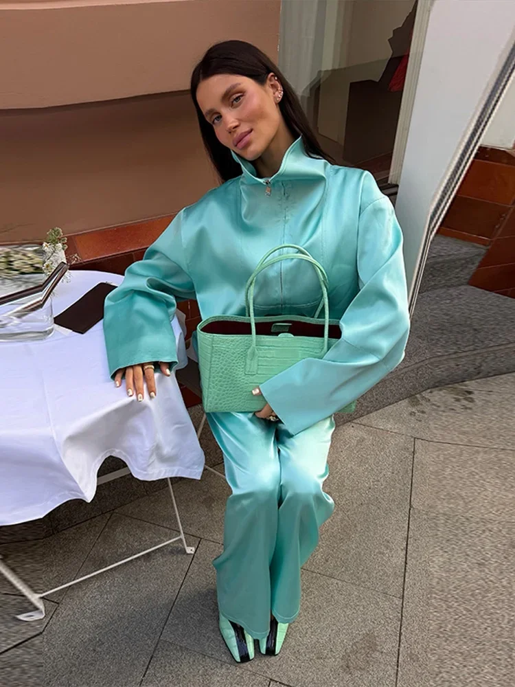 Herbst Damen Mintgrüner Satin 2-Teiliger Anzug Stehkragen Reißverschluss Vorne Lose Langarm-Bluse Weite Hose Urlaubs-Matching-Anzug – Detail 19