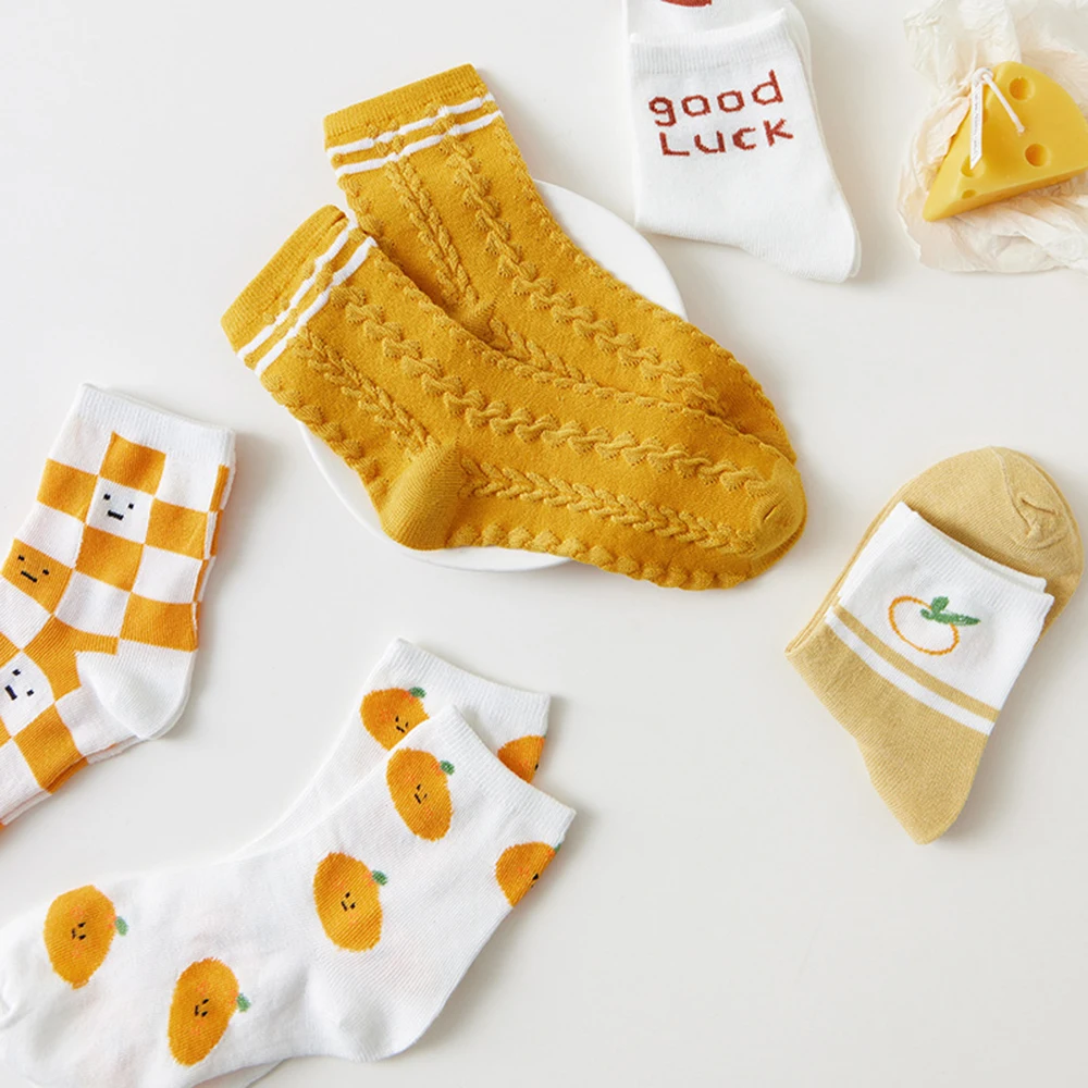 5 Pairs Women Fruit Print Socks Set Cute Casual Korean Fashion Kawaii Japanese Style Pumpkin Strawberry Banana Peach Avocado Sox