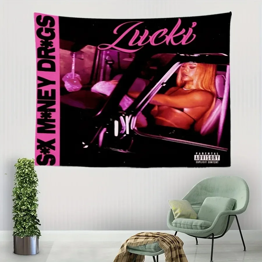 Lucki-tapiz con estampado de portada de álbum, tema de música de medicamentos y dinero sexual, colgante de pared, diseño de mujer encantadora en el coche, decoración de pared