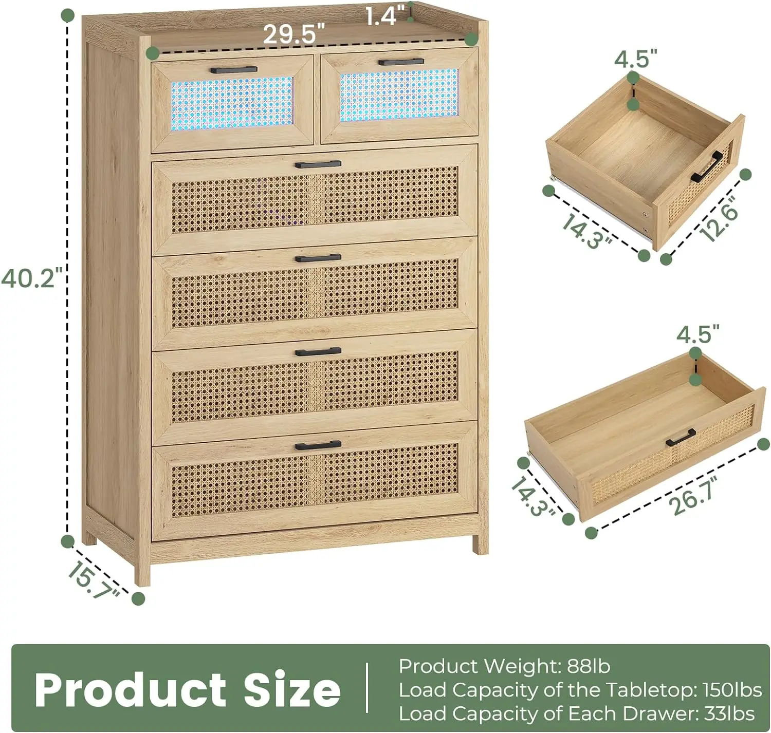 6/7 Drawer Dresser for Bedroom, Natural Rattan Wood Dressers with Led Light, Tall Dressers & Chests of Drawers, Closet Dresser