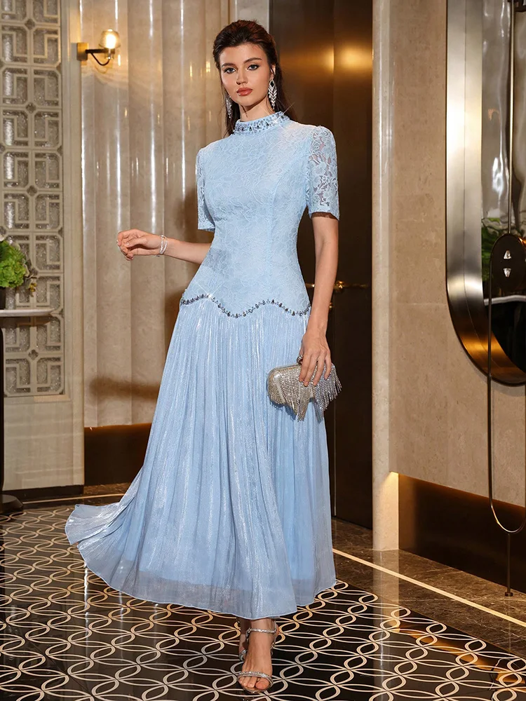 TOLEEN Elegant Women's Long Lace Formal Dress, Featuring Beaded Stand Collar And Short Sleeves, Flared Hem Design Wedding Party