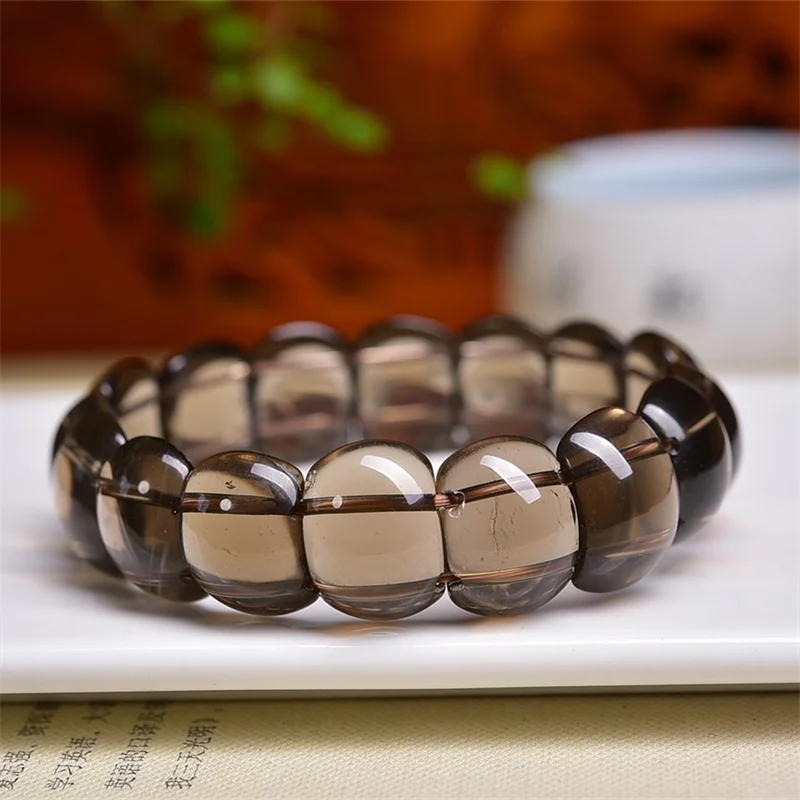 Natural Smoky Quartz Bangle Round Bead Women Trendy Reiki Healing Elastic Bracelet Yoga Energy Wristband Jewelry Gift 12x15mm