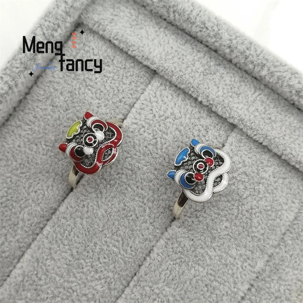 

Chinese Style Enamel Waking Lion Ring Retro Personality Ethnic Style Colorful S925 Silver Couple Fashion Jewelry Holiday Gifts