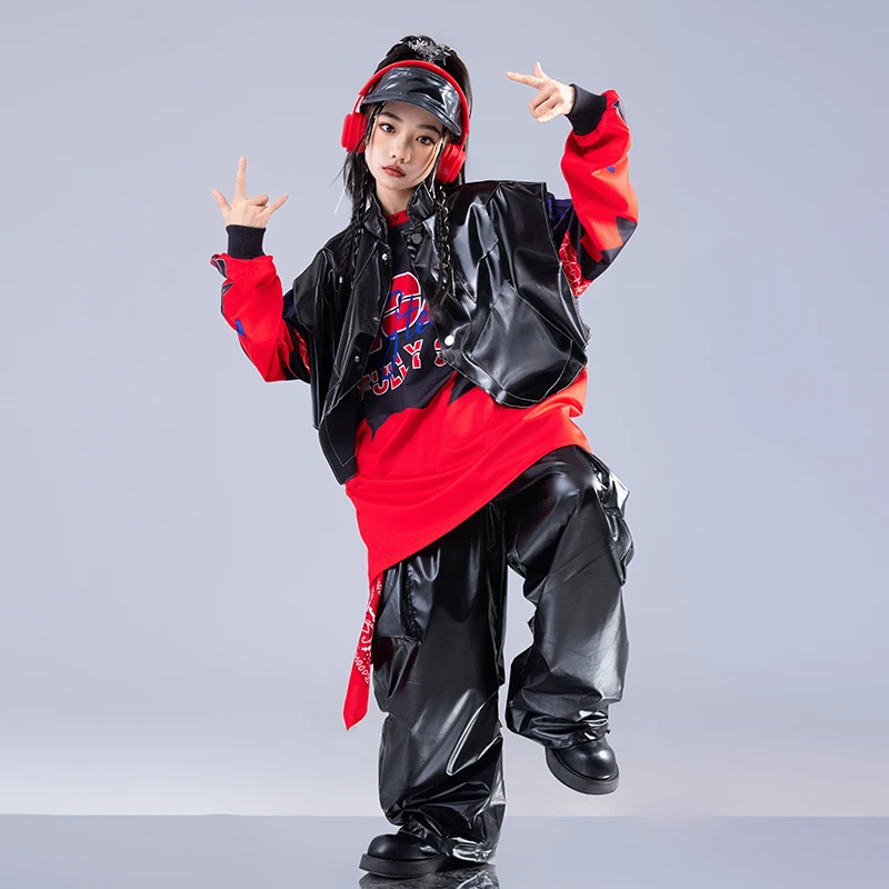 

Children's Street Dance Costume Boys' Set Children's Hip-hop Street Explosive Clothing Leather Pants Girls' Performance Costume