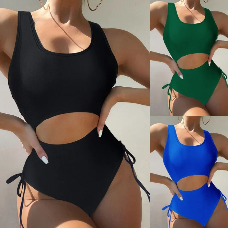 

2024New Tight One-Piece Swimsuit Bikini Solid Color High Waist Sexy Beach Swimwear Women