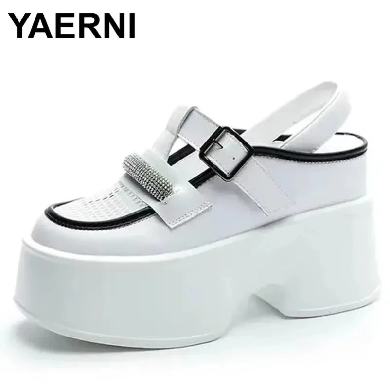 

2025 г., женская обувь на высокой платформе 11 см, модные женские дышащие сандалии со стразами, натуральная кожа, с круглым носком, на каблуке с открытой пяткой