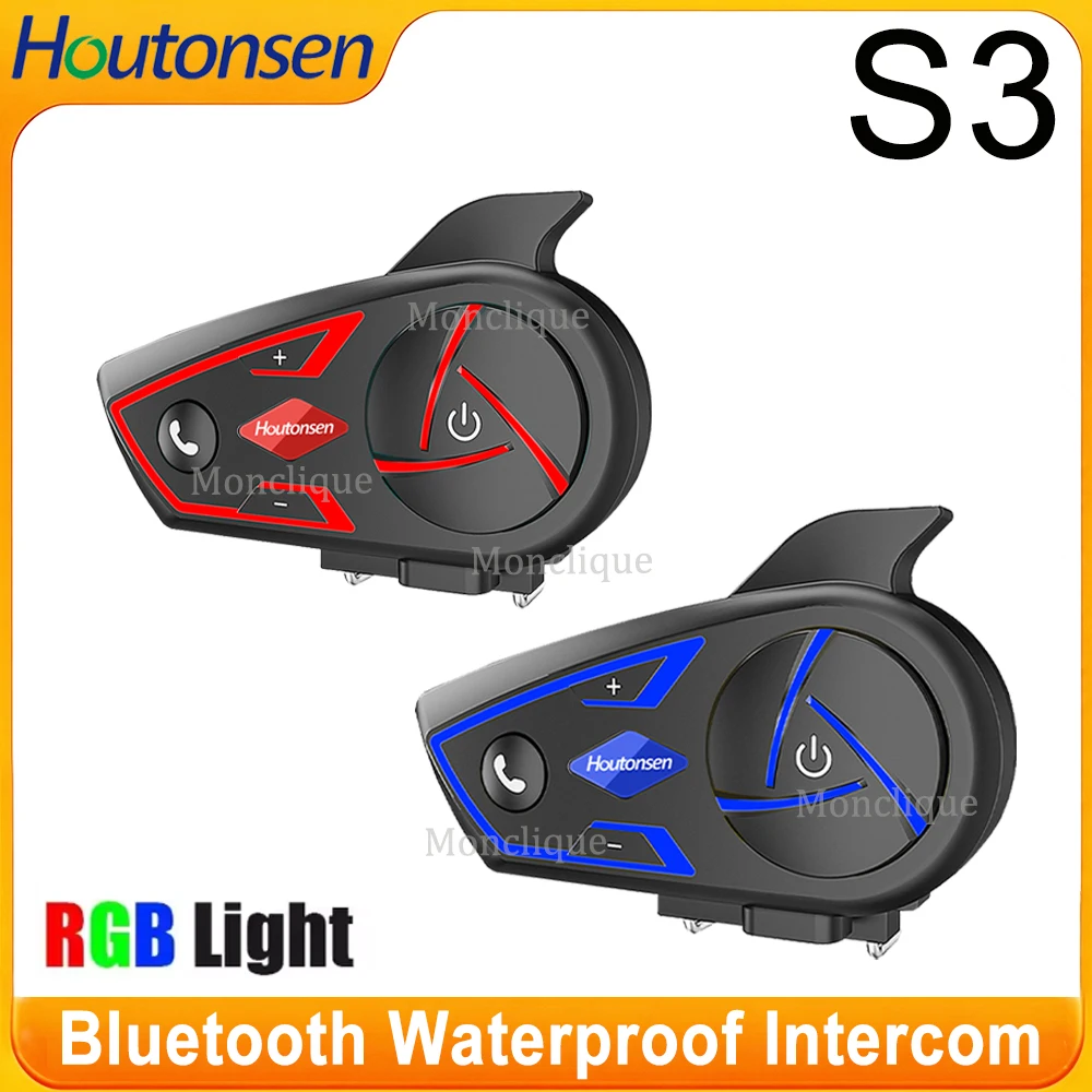 Houtonsen S3 Motorcycle Bluetooth Intercom Earphones Waterproof Noise Reduction Bluetooth Speaker Hands-free Call 3 Color Light