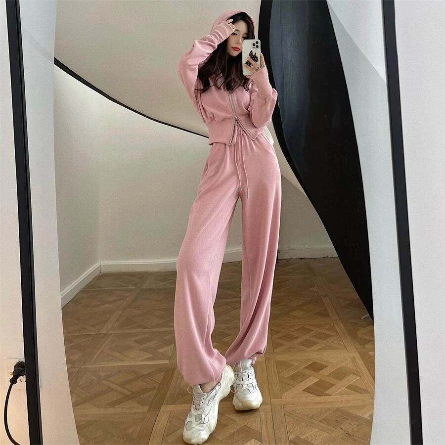 Women\'s Fall/Winter Retro Casual Hooded Sweatshirt Wide-leg Pants Set Japanese Short Zip Cardigan Jacket Trousers Two-Piece Set