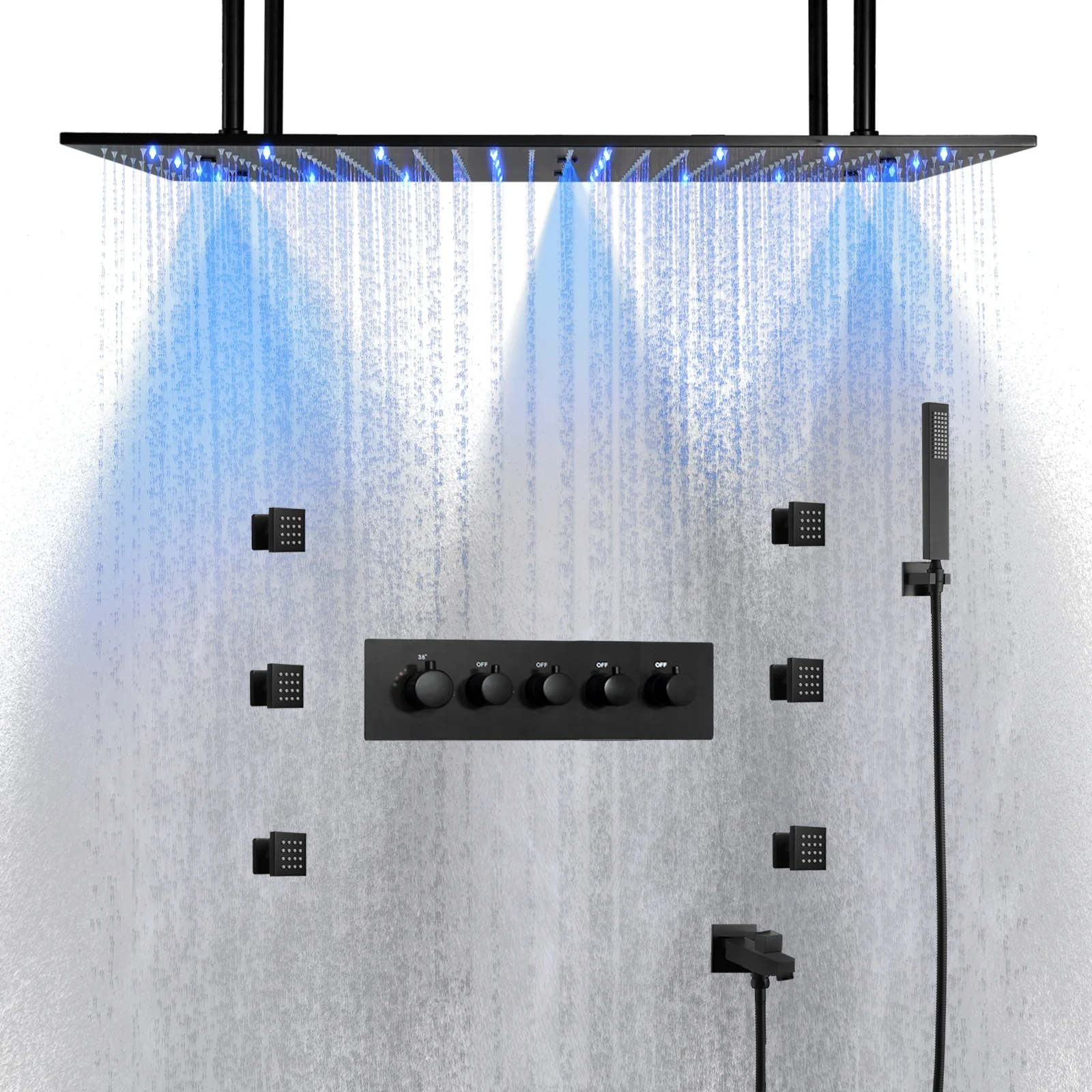 Black 32*16 Inch Hydro Power LED Shower Head Thermostatic  Ceiling Embedded Bathroom Rain Mist  Faucet Set