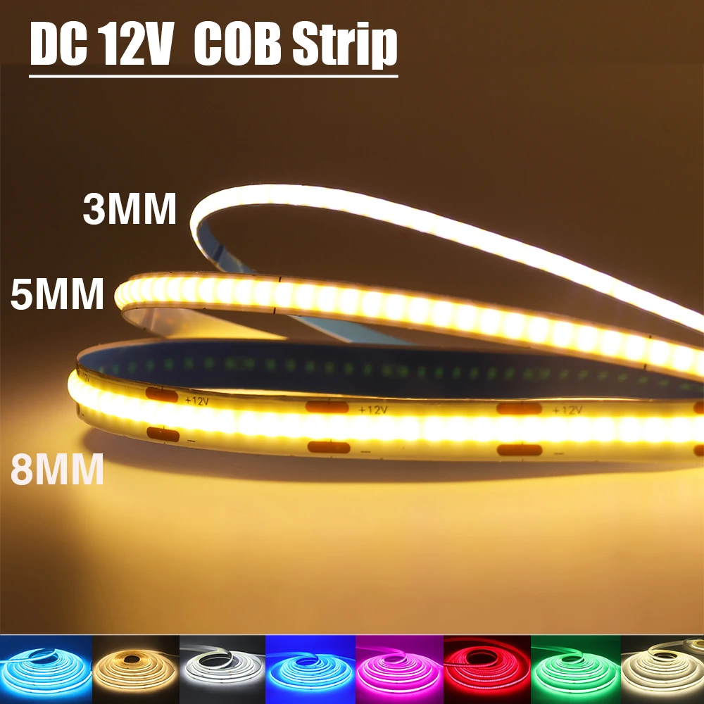 12V COB Strip 320Leds/M 3MM 5MM 8MM biały/lodowy blękit/różowy/żółty/różowy/czerwony elastyczna wstążka lampka nocna podświetlenie TV pasek LED