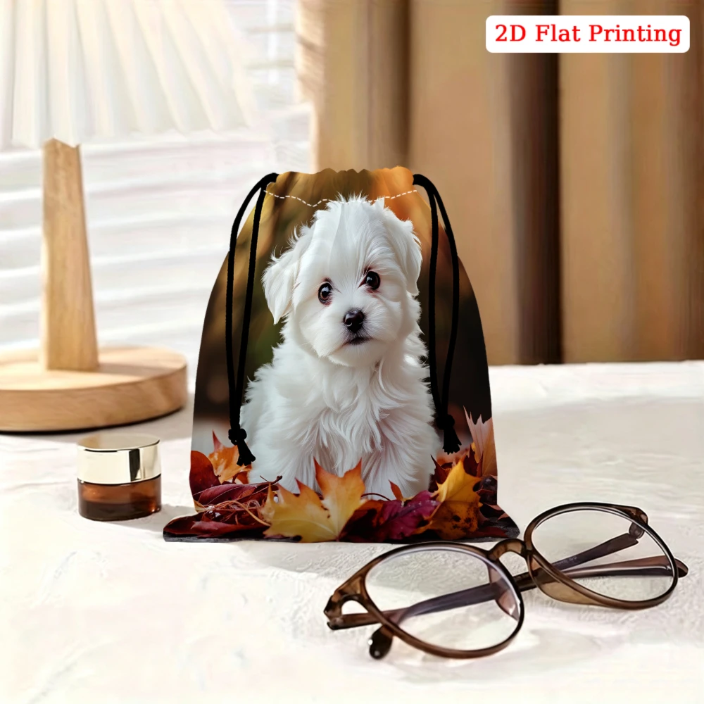 1pc Cute White Puppy Drawstring Bag Autumn Leaves Print Storage Small Pouch For Travel Cosmetics Accessories Organizer Gift