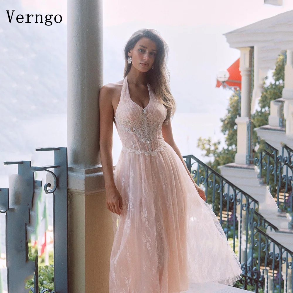 

Verngo lvory Lace Formal Occasion Dress Pearls Halter A Line Prom Gowns Women Elegant Maxi Arabic Prom Gowns Customized