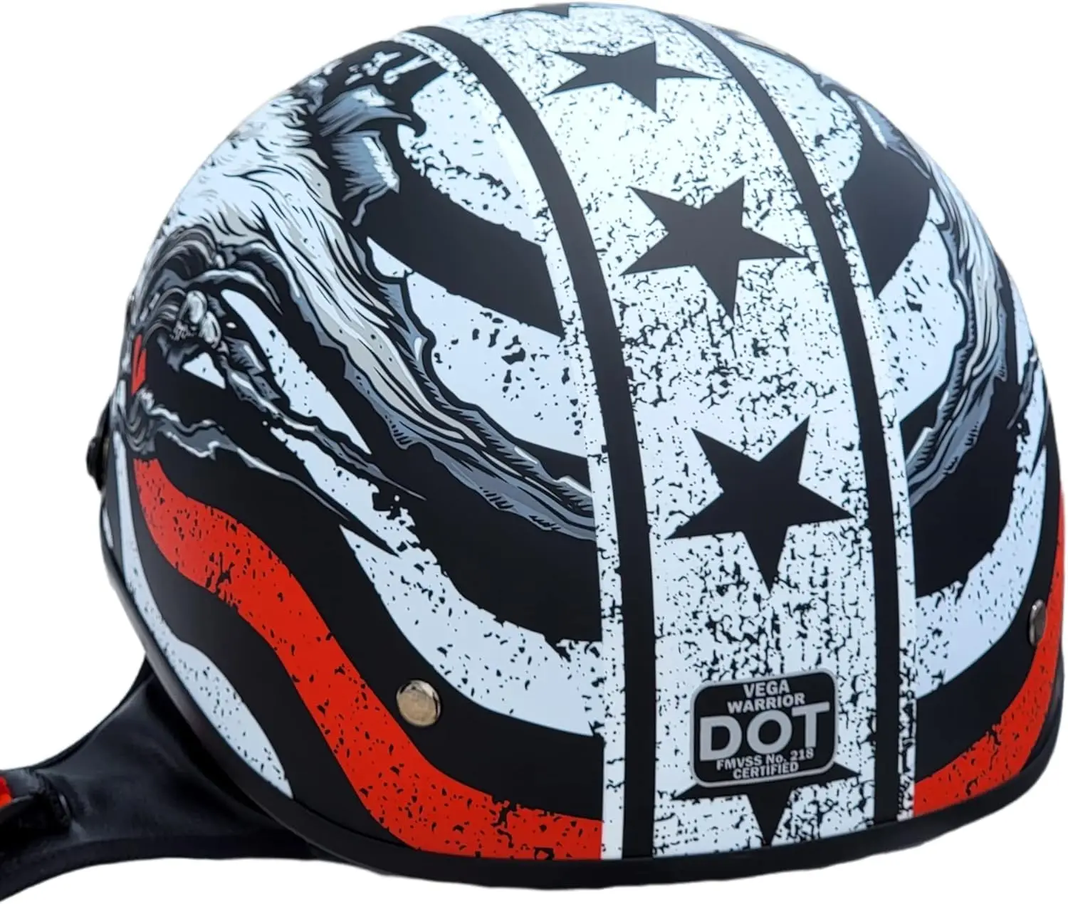 Kask motocyklowy Warrior II typu \"półkask\" z regulacją rozmiaru, wizjerem przeciwsłonecznym, szybkozłączką, homologacją DOT, odpowiedni dla kobiet i mężczyzn.