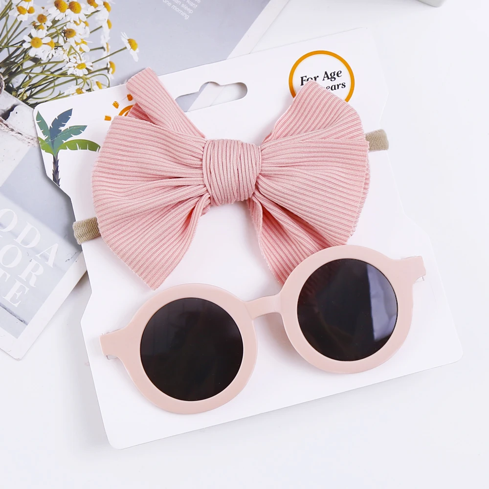 2Pcs/Pack Headband With Round Sunglasses Set For Children Baby Vintage Bows Summer Glasses Kids Hair Accessories