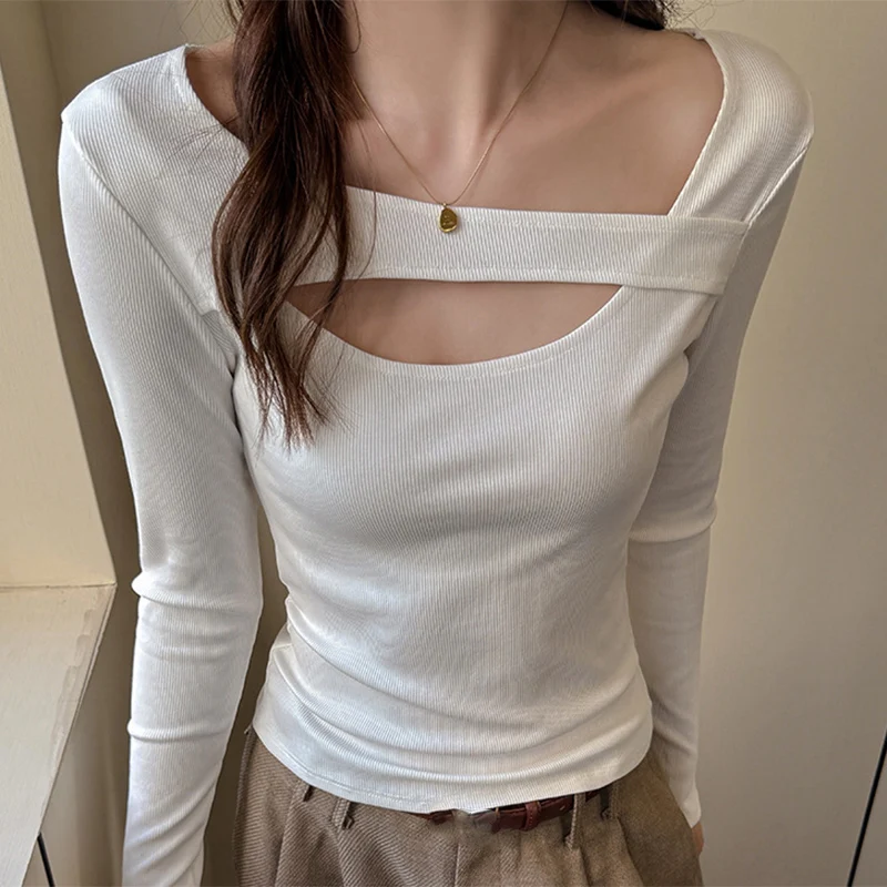 

Slim Fit Long Sleeve T-Shirts Women Sexy Hollow Out Pullovers Woman Spring Autumn Korean Crew Neck Bottoming Shirts Ladies