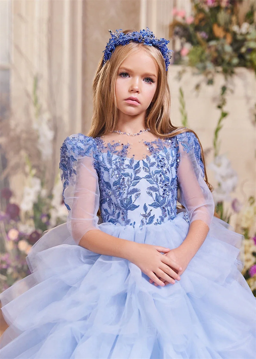 Luxury Quality Blue Layered Tulle Puffy Applique Flower Girl Dress for Wedding Dresses Kids Birthday Party Ball Evening Gowns