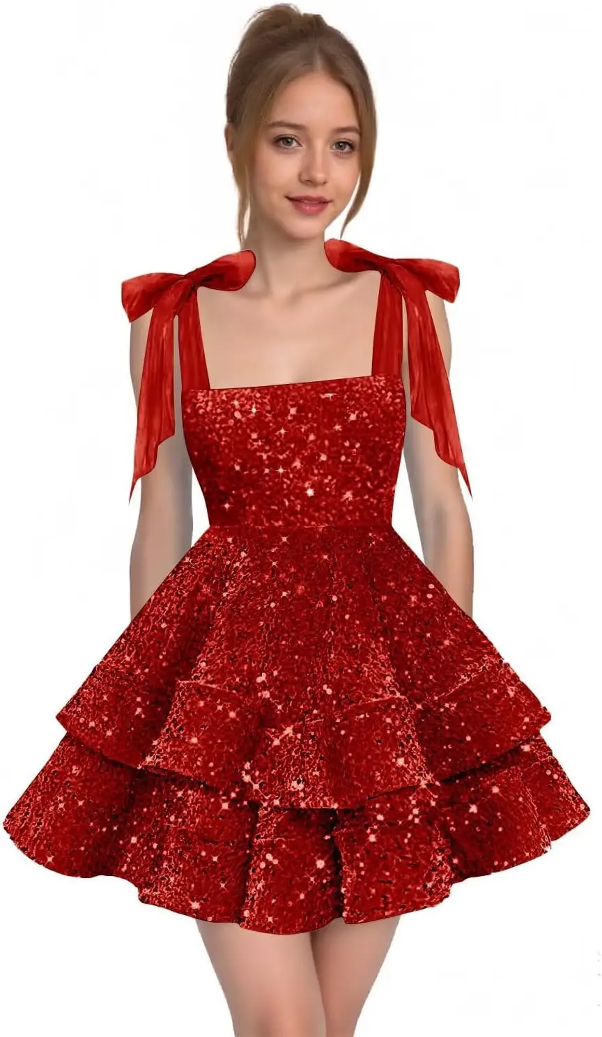 

Молодежное платье с блестками и пайетками, двухслойное короткое платье с бантом на бретельках для танцев, коктейльное платье для дня рождения, с карманами