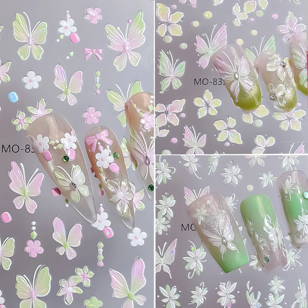 3 Stück Frühling Sommer 3D Blumen Nagelkunst-Aufkleber Bunter Kranz Selbstklebende Slider Nagelaufkleber DIY Dekoration für Maniküre