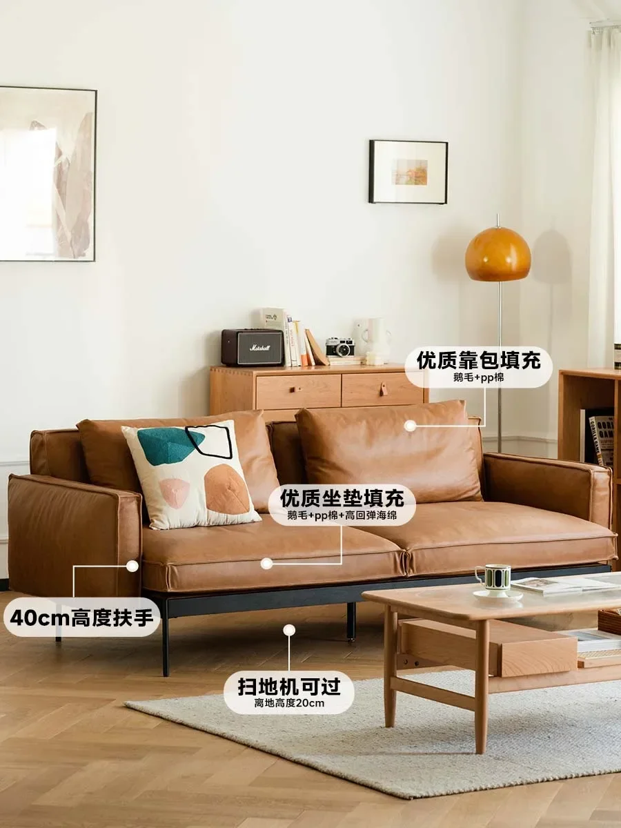 

Living Room Microfiber Cloth Top Layer Cattle Genuine Leather Retro Solid Wood Home Sofa