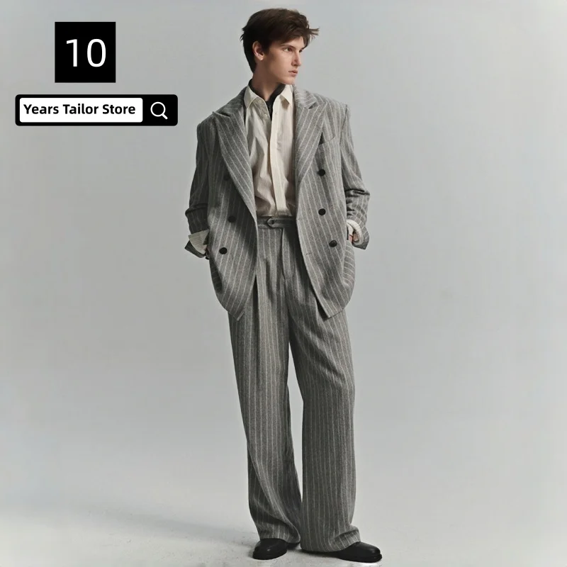 

Полосатый шерстяной костюм в корейском стиле + брюки, повседневный стильный двубортный мужской костюм, комплект свадебной моды для фотостудии