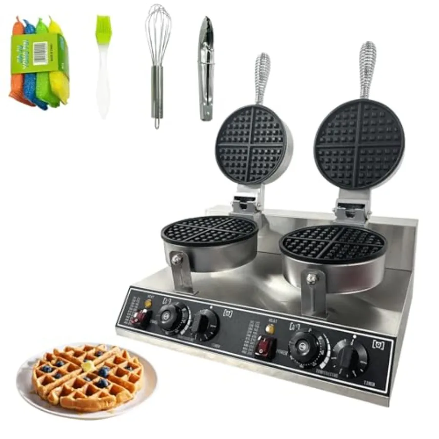 

Commercial 2400W Nonstick Double Head Stainless Steel Waffle Maker for Home and Restaurant Use No Rotation Golden Brown Waffles