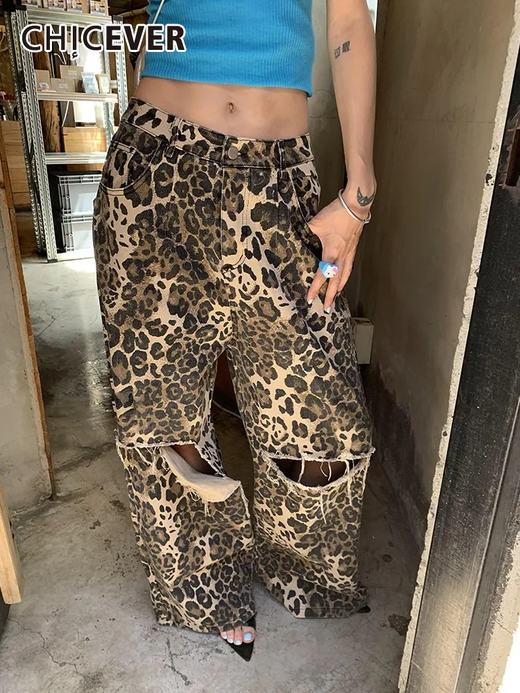 

CHICEVER Leopard Hole Hollow Out Jeans For Women High Waist Patchwork Pockets Colorblock Fashion Denim Wide Leg Pant Female New