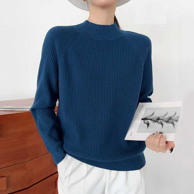 Thick cashmere knitted bottoming shirt in autumn and winter Women's semi-turtleneck sweater loose and simple Joker top
