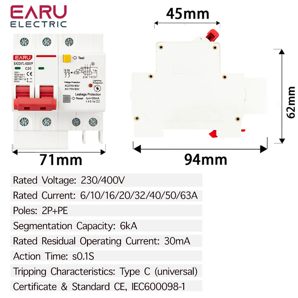 230V 2P SPD Residual Current Circuit Breaker With Overload Overvoltage RCBO RCCB With Lightning Protection MCB Leakage Protector