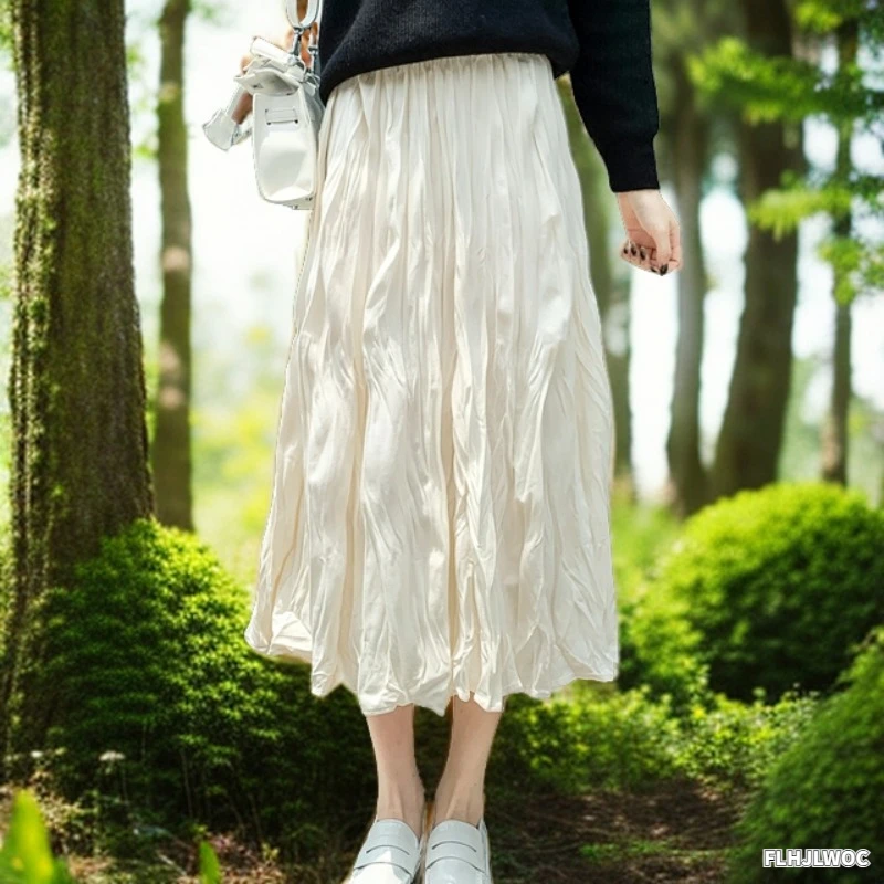 

2024 Summer Hot Sales Women All-Match Cute Japan Chic Korea FLHJLWOC Elastic High Waist Pleated Long Skirts