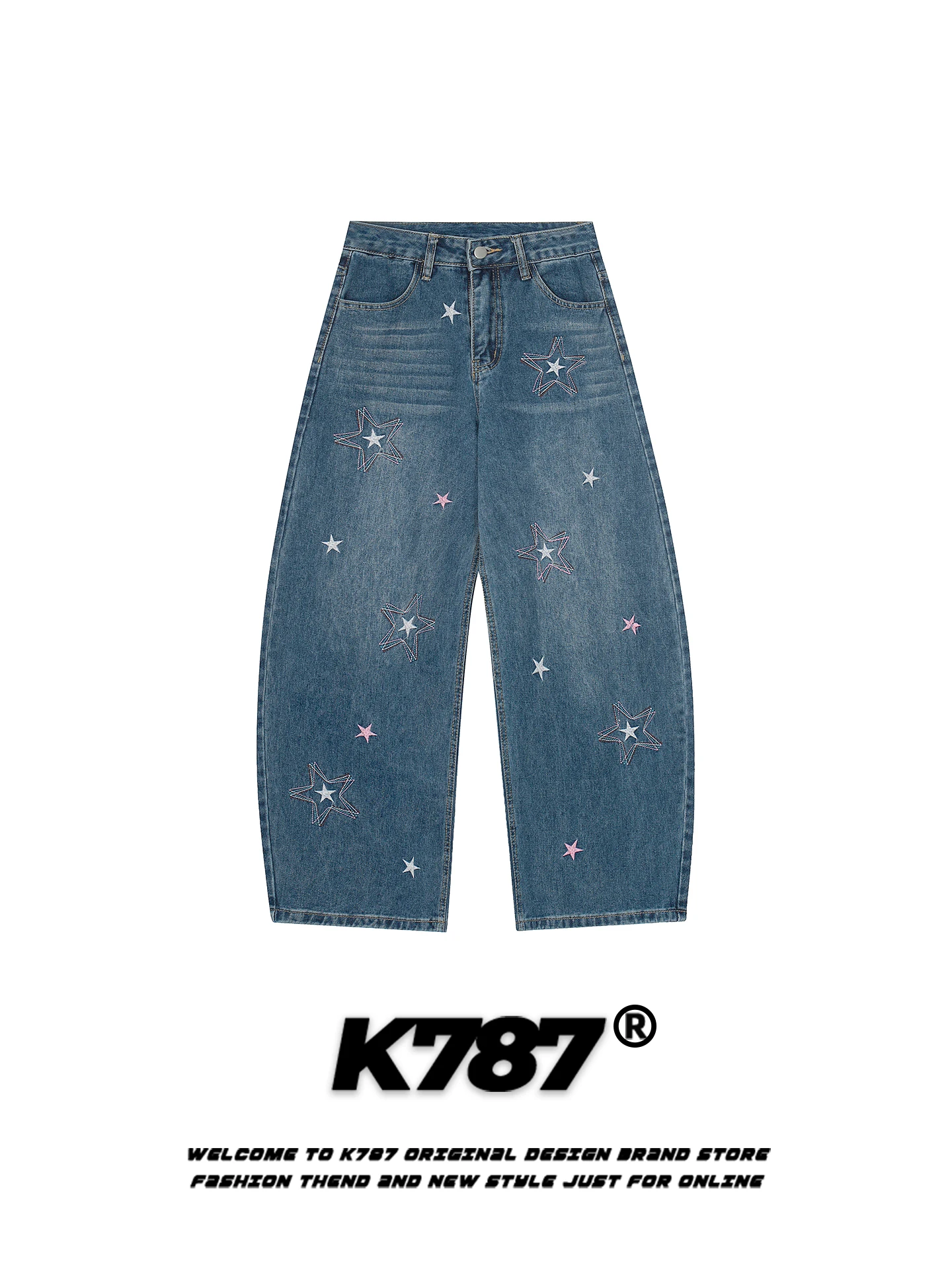 

Мужские джинсы с высокой талией, свободного кроя, в американском ретро-стиле, с вышивкой, с принтом звезд, повседневные, прямые, длинные брюки K787 Cleanfit