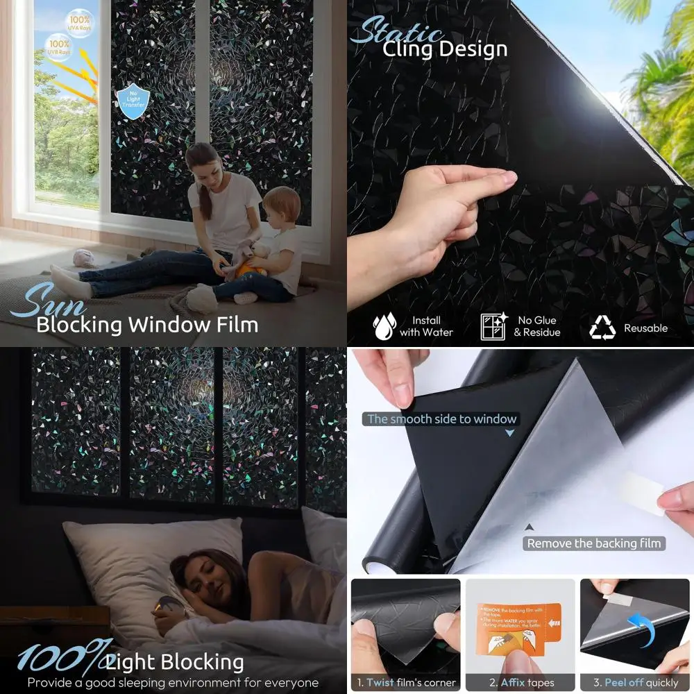 3D Static Stained Glass Window Film for Privacy and Room Darkening, Black, 35.4 x 157.4