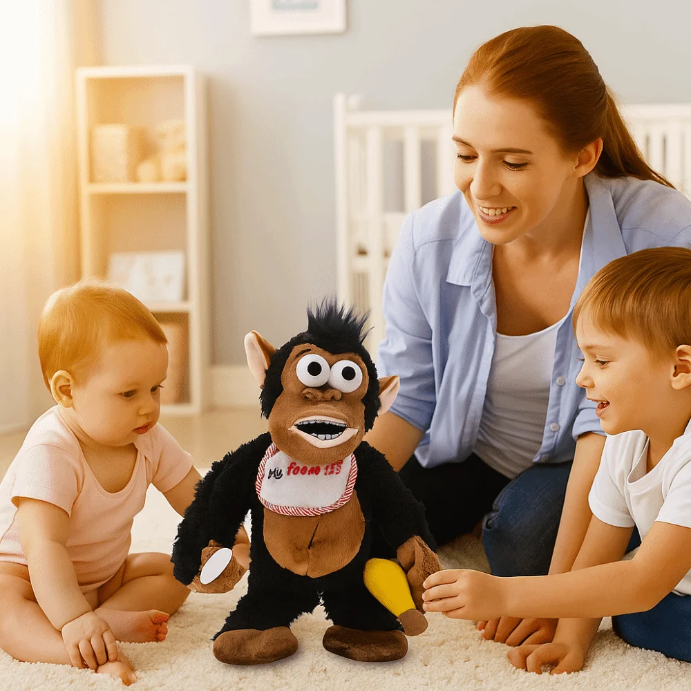 Chorando gorila macaco em movimento elétrico comendo banana coleção macaco magnético macio fofo guarda comida crianças