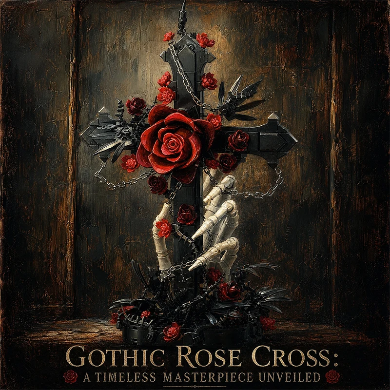 

Creative Gothic Rose Cross Building Blocks Dark Aesthetic Skeleton Hand Flower Brick Model DIY Desktop Decor Toys Holiday Gifts