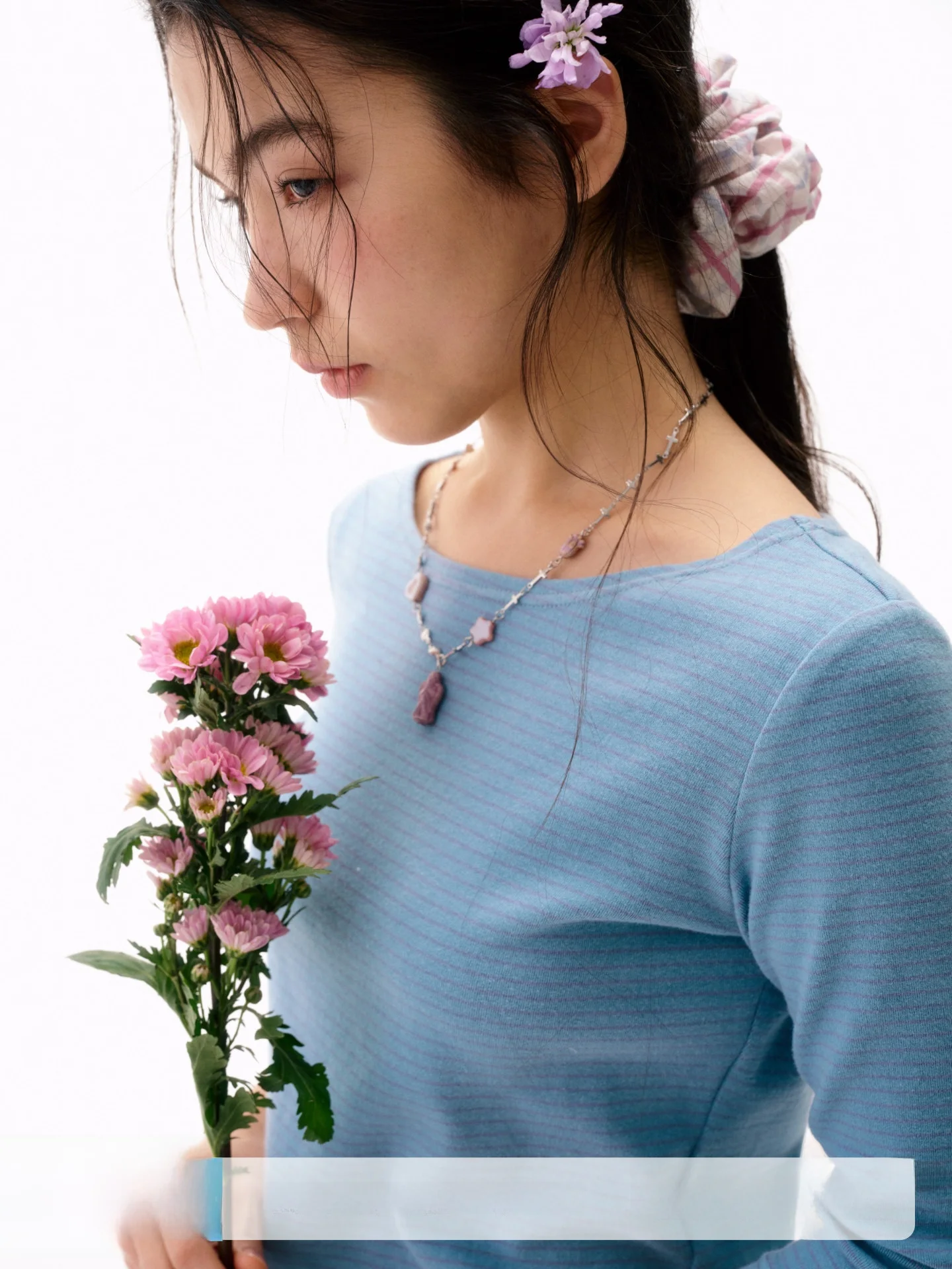 

Retro Blue Striped round Neck Short Sleeve Slim Fit T-Shirt Women's Cotton Blend Top Five-Quarter Length Elastic Cuff