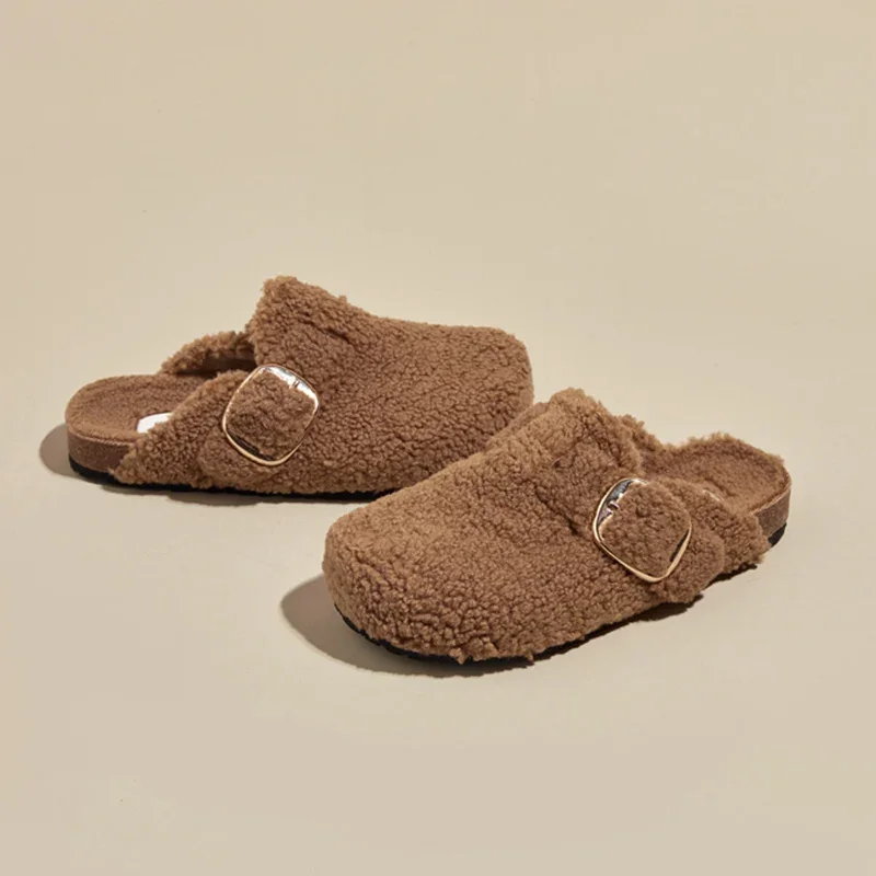 Warm Faux Lamb Wool Women's Mules Slippers Winter 2025 Fashion Flat Heel Mules Shoes Woman Thick Bottom HomBottom Outdoor Slides