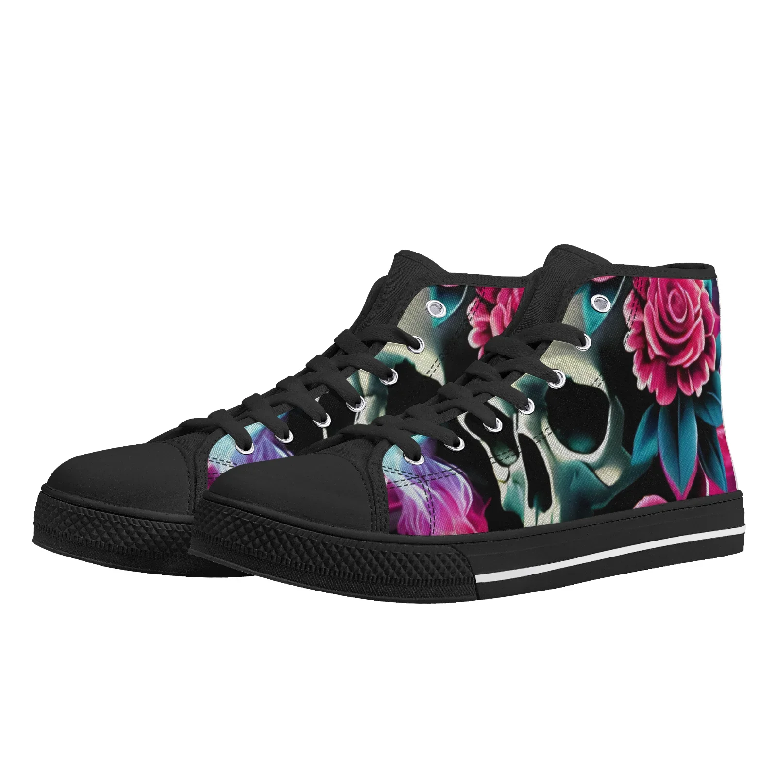 Custom Shoes Floral Skull Prints Classic High Top Canvas Shoes for Boys Girls Vulcanized Shoes Flats  Sneakers Footwears view 2