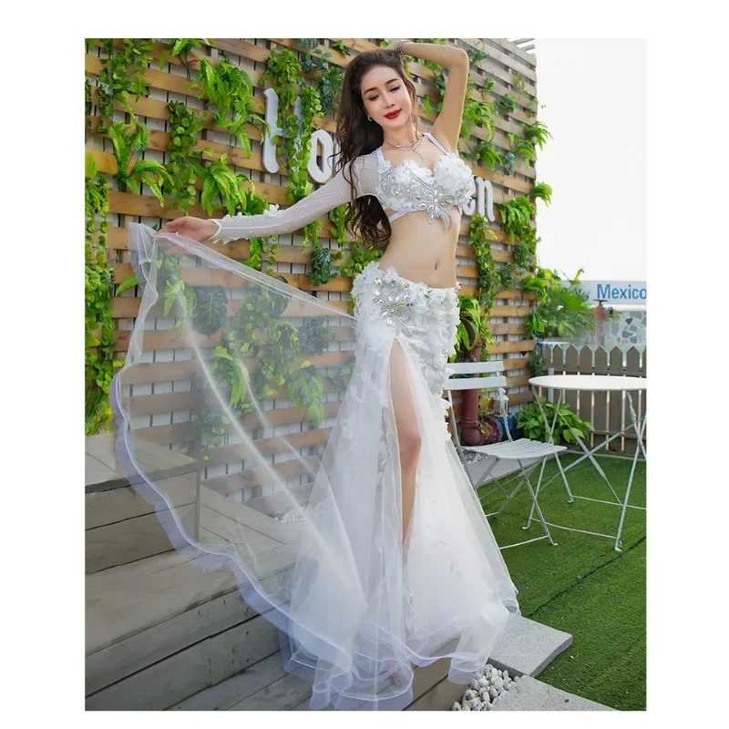 

Костюмы для танца живота по индивидуальному заказу, костюм для выступлений для женщин, с рукавами на плечах, большая распашная длинная юбка, комплект одежды для восточного танца