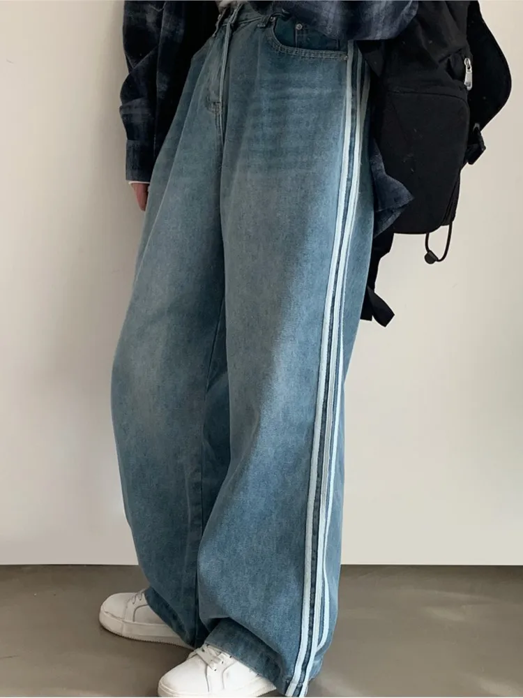 Jeans Autumn Winter Pant Women Striped Casual Fashion Loose Korean Pleated Ladies Trousers High Waist Wide Leg Woman Pants 2023